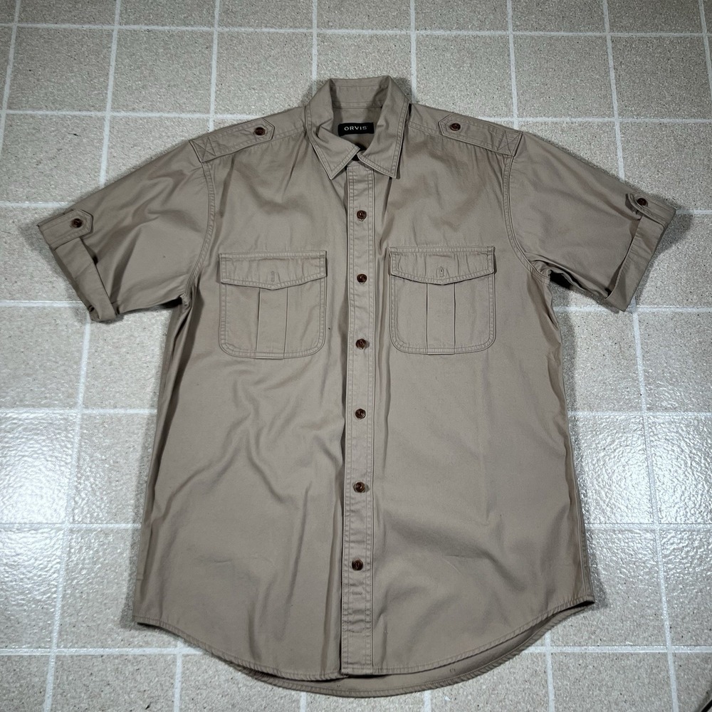 Orvis Bush Shirt Men Medium Brown Safari Poplin Epaulets Utility Flap Pockets
